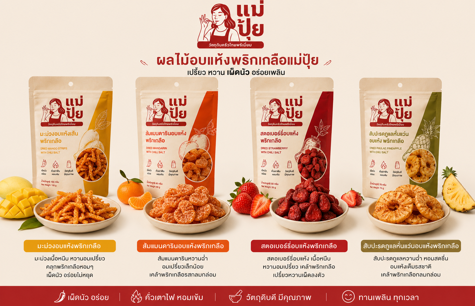 ผลไม้อบแห้งพริกเกลือแบรนด์แม่ปุ้ยหลายรสวางเรียงกัน